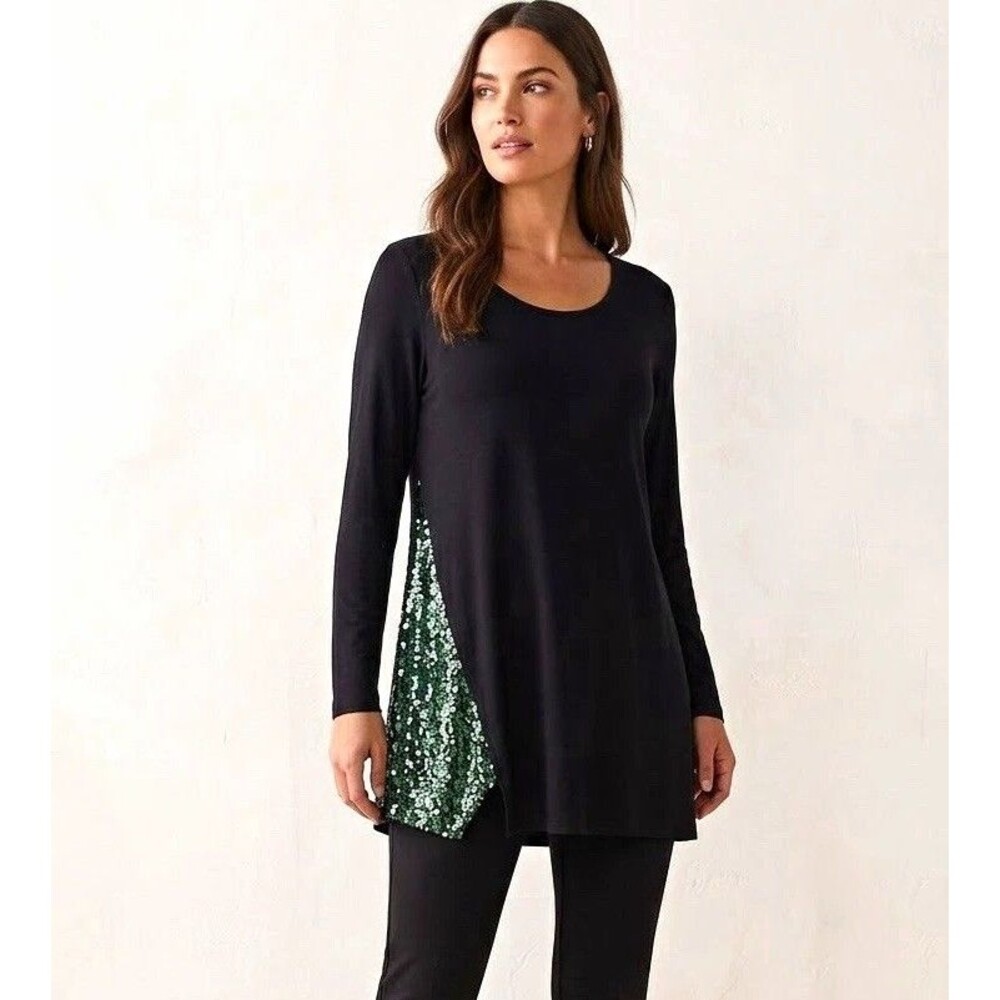 LOGO Lori Goldstein Black Sequin Side Panel Long Sleeve Tunic Sparkle Night Out